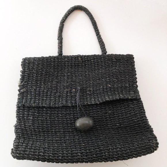 BARNEY'S Handbags - VINTAGE BARNEY’S BLACK RAFIA BAG LEATHER BUTTON